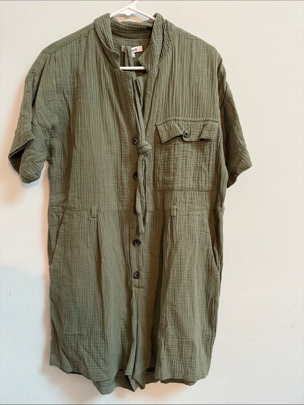 Madewell Olive Green Button-Front Short-Sleeve Romper